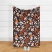 Large jumbo scale // Love hugs in coffee mugs // expresso brown background lagoon orange and aqua cups and plates autumn leaves delicious cinnamon buns and cakes coffee stains and beans