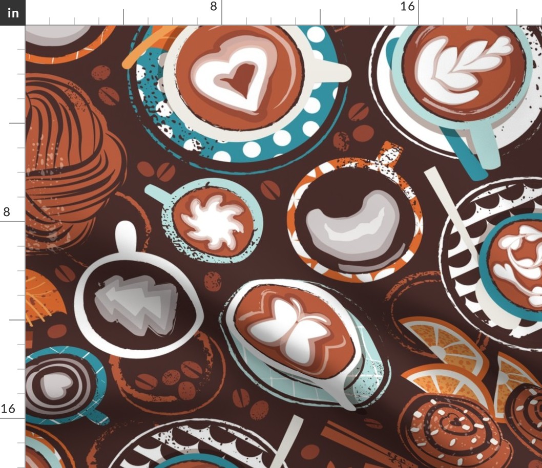 Large jumbo scale // Love hugs in coffee mugs // expresso brown background lagoon orange and aqua cups and plates autumn leaves delicious cinnamon buns and cakes coffee stains and beans