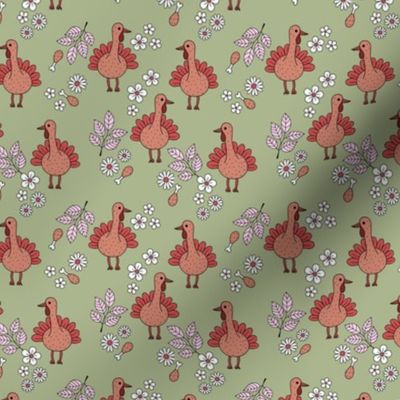 Thanksgiving flower garden and cutesie freehand turkey birds illustration pattern kids design retro pink orange on sage green SMALL 