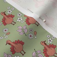 Thanksgiving flower garden and cutesie freehand turkey birds illustration pattern kids design retro pink orange on sage green SMALL 