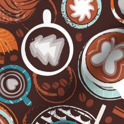 Normal scale // Love hugs in coffee mugs // expresso brown background lagoon orange and aqua cups and plates autumn leaves delicious cinnamon buns and cakes coffee stains and beans