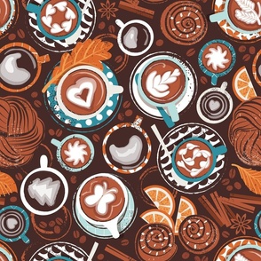 Normal scale // Love hugs in coffee mugs // expresso brown background lagoon orange and aqua cups and plates autumn leaves delicious cinnamon buns and cakes coffee stains and beans