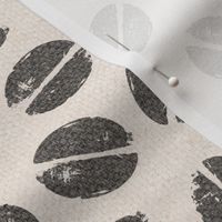 Block Print Coffee Beans in Black and Cream (xl scale) | Block printed breakfast pattern, black on cream burlap, ecru coffee sack cloth, jute, sisal, hessian, dark roast coffee fabric, kitchen fabric, neutrals.