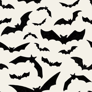 Medium  // Halloween Black Bats on creamy white fabric