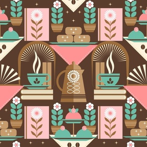 Scandi Fika Coffee Break / Cafe / Geometric / Food Dessert / Cake Donuts / Pink Turquoise / Large