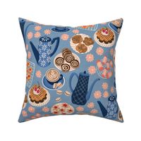 Coffee & Cake on blue fabric