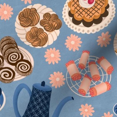 Coffee & Cake on blue fabric