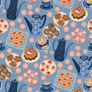 Coffee & Cake on blue fabric