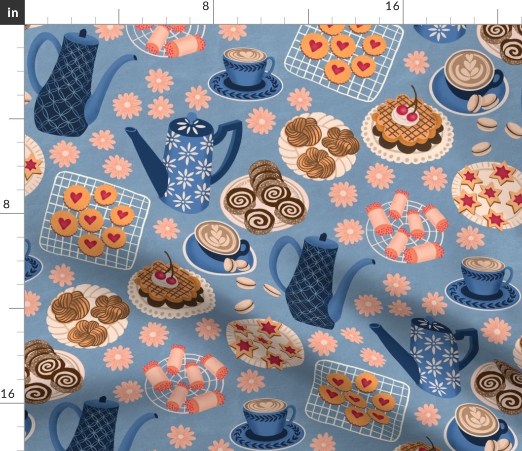 Coffee & Cake on blue fabric