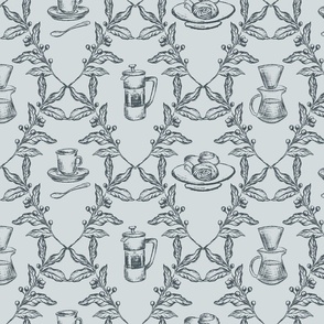 Coffee Shop Illustrations in Light Blue & Navy for Wallpaper & Home Decor
