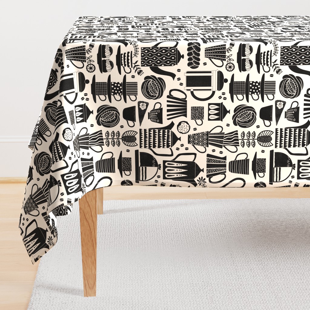 Fika - Swedish coffee and cakes with bold geometric ceramics in black and linen white, lino cut style with flowers and coffee beans- large