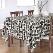 Fika - Swedish coffee and cakes with bold geometric ceramics in black and linen white, lino cut style with flowers and coffee beans- large