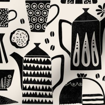 Fika - Swedish coffee and cakes with bold geometric ceramics in black and linen white, lino cut style with flowers and coffee beans- large