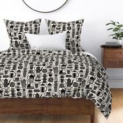 Fika - Swedish coffee and cakes with bold geometric ceramics in black and linen white, lino cut style with flowers and coffee beans- large