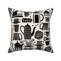 Fika - Swedish coffee and cakes with bold geometric ceramics in black and linen white, lino cut style with flowers and coffee beans- large