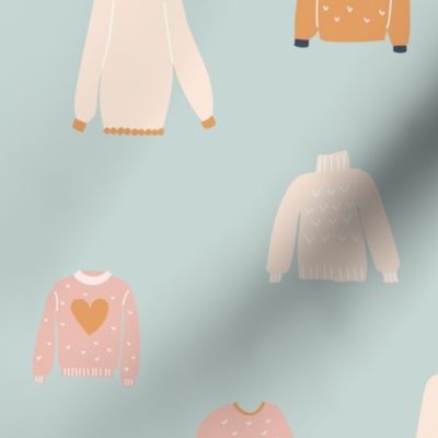 Sweater Weather Warm and Cozy Fall Winter Fashion on robin egg blue