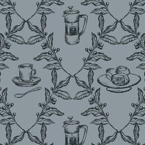 Coffee Shop Illustrations in Muted Blue for Wallpaper & Home Decor