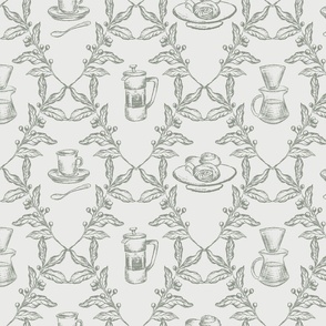 Coffee Shop Illustrations in Sage Green for Wallpaper & Home Decor