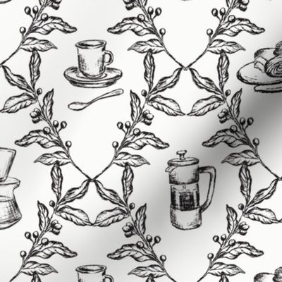 Coffee Shop Illustrations in Black & Ivory for Wallpaper & Home Decor