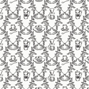 Coffee Shop Illustrations in Black & Ivory for Wallpaper & Home Decor
