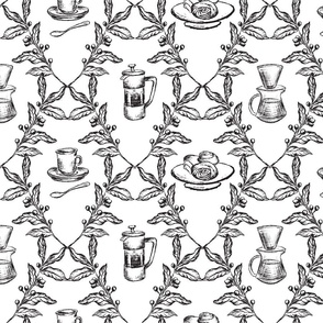 Coffee Shop Illustrations in Black & White for Wallpaper & Home Decor
