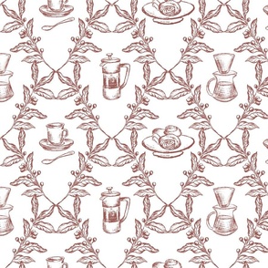 Coffee Shop Illustrations in Maroon & White for Wallpaper & Home Decor