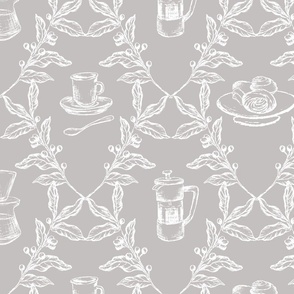 Coffee Shop Illustrations in Denim Light Grey for Wallpaper & Home Decor