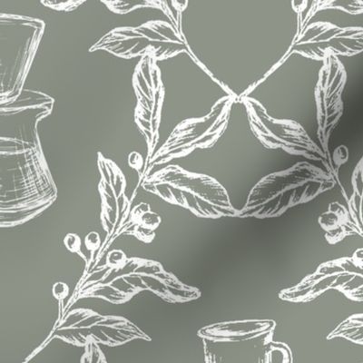 Coffee Shop Illustrations in Dark Sage Green & White for Wallpaper & Home Decor
