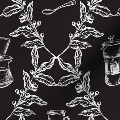 Coffee Shop Illustrations in Denim Black & White for Wallpaper & Home Decor