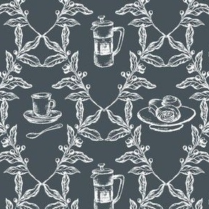 Coffee Shop Illustrations in Navy Blue & White for Wallpaper & Home Decor