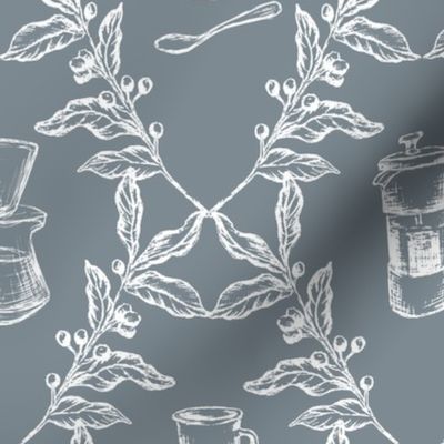 Coffee Shop Illustrations in Denim Blue & White for Wallpaper & Home Decor