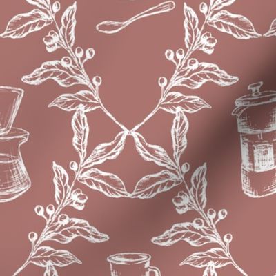 Coffee Shop Illustrations in Muted Red & White for Wallpaper & Home Decor