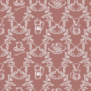 Coffee Shop Illustrations in Muted Red & White for Wallpaper & Home Decor