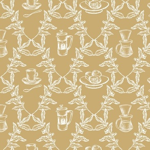 Coffee Shop Illustrations in Yellow for Wallpaper & Home Decor