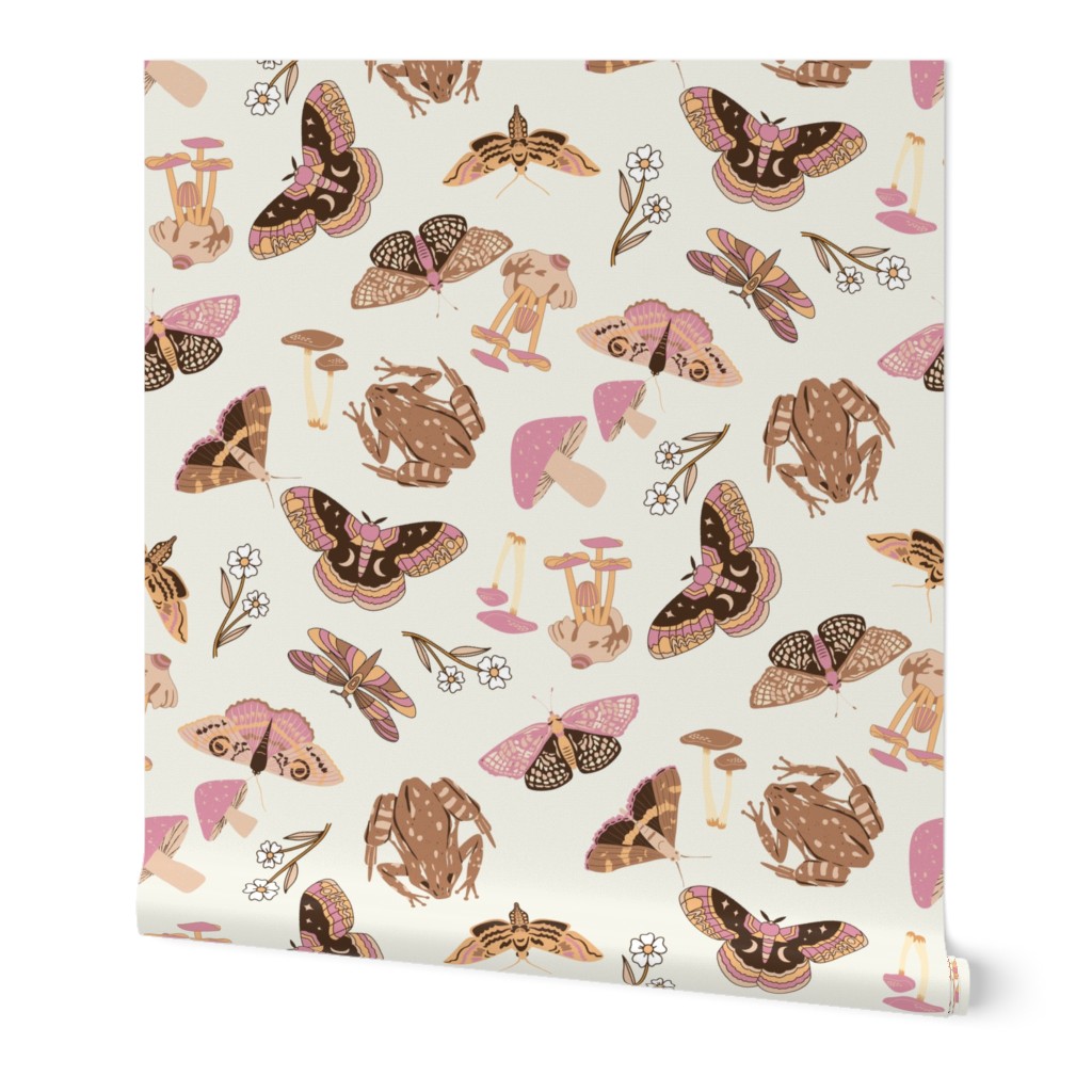 SMALL moths and mushrooms cottage core fabric - mushroom, neutral, muted, moths, butterflies