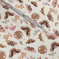 SMALL moths and mushrooms cottage core fabric - mushroom, neutral, muted, moths, butterflies