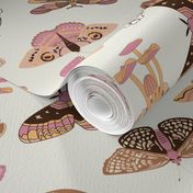 SMALL moths and mushrooms cottage core fabric - mushroom, neutral, muted, moths, butterflies