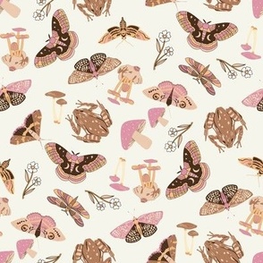 SMALL moths and mushrooms cottage core fabric - mushroom, neutral, muted, moths, butterflies