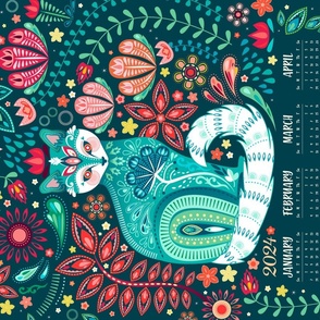 2024 Maximalist Cat Tea Towel Calendar - Dark Teal