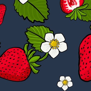 Strawberries and blooms on navy - large format