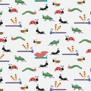 Grasshopper, Spider, Ladybug, Praying Mantis, Ant, Caterpillar, Butterfly, Bee, Dragonfly on White Ground Medium,  Gender Neutral