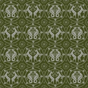 4W goats and dragons - BLOCKPRINT white on olive green