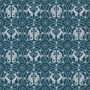 4W goats and dragons - BLOCKPRINT white on Prussian blue