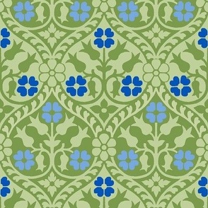 Medieval-style floral, blue on green, 4W