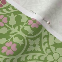 Medieval-style floral, rose-pinks on green, 4W
