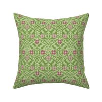 Medieval-style floral, rose-pinks on green, 4W