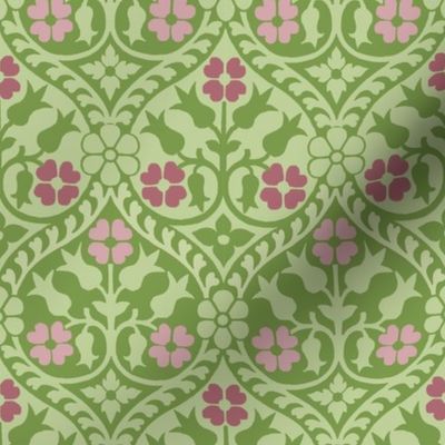 Medieval-style floral, rose-pinks on green, 4W