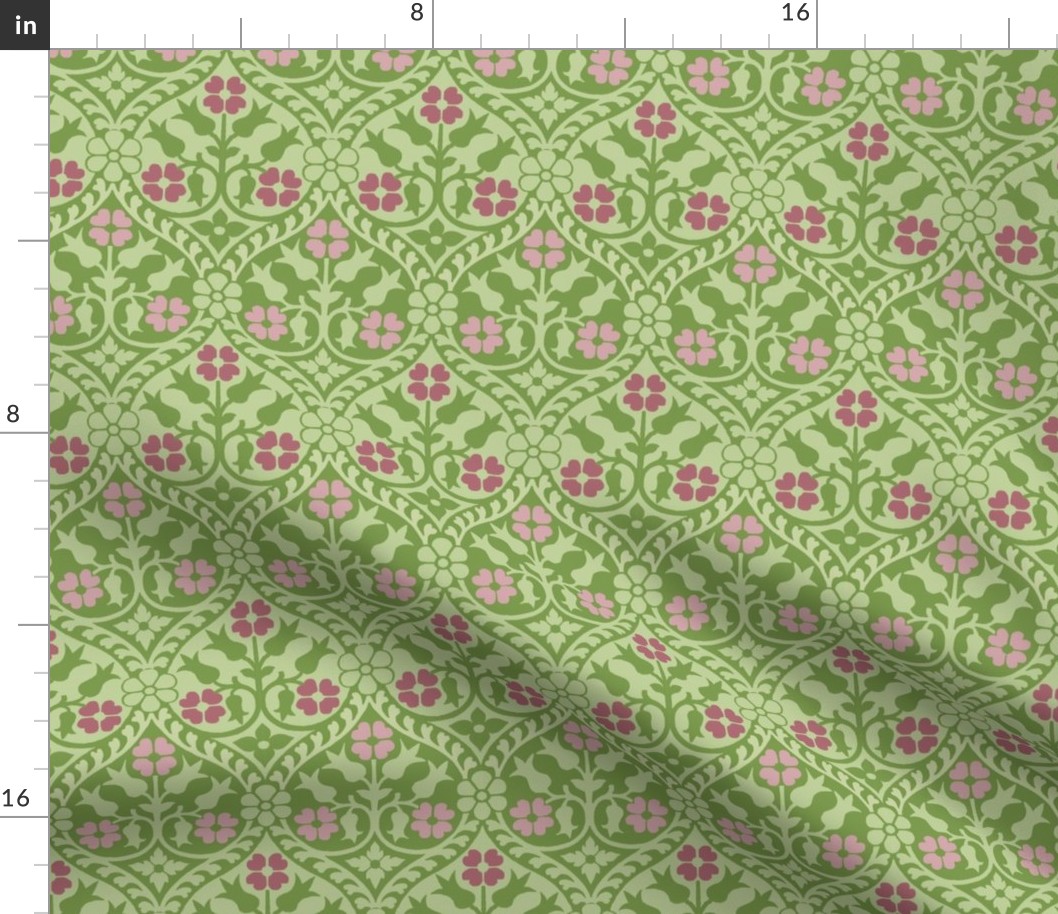 Medieval-style floral, rose-pinks on green, 4W