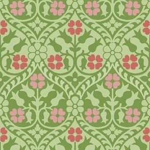 Medieval-style floral, coral-pinks on green, 4W