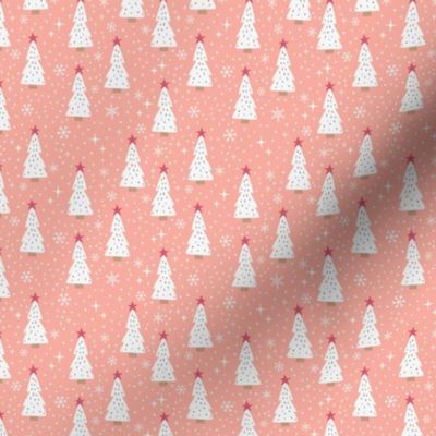 Christmas Trees & Snowflakes - Ditsy Scale - Coral Pink Woodland Holiday Snow